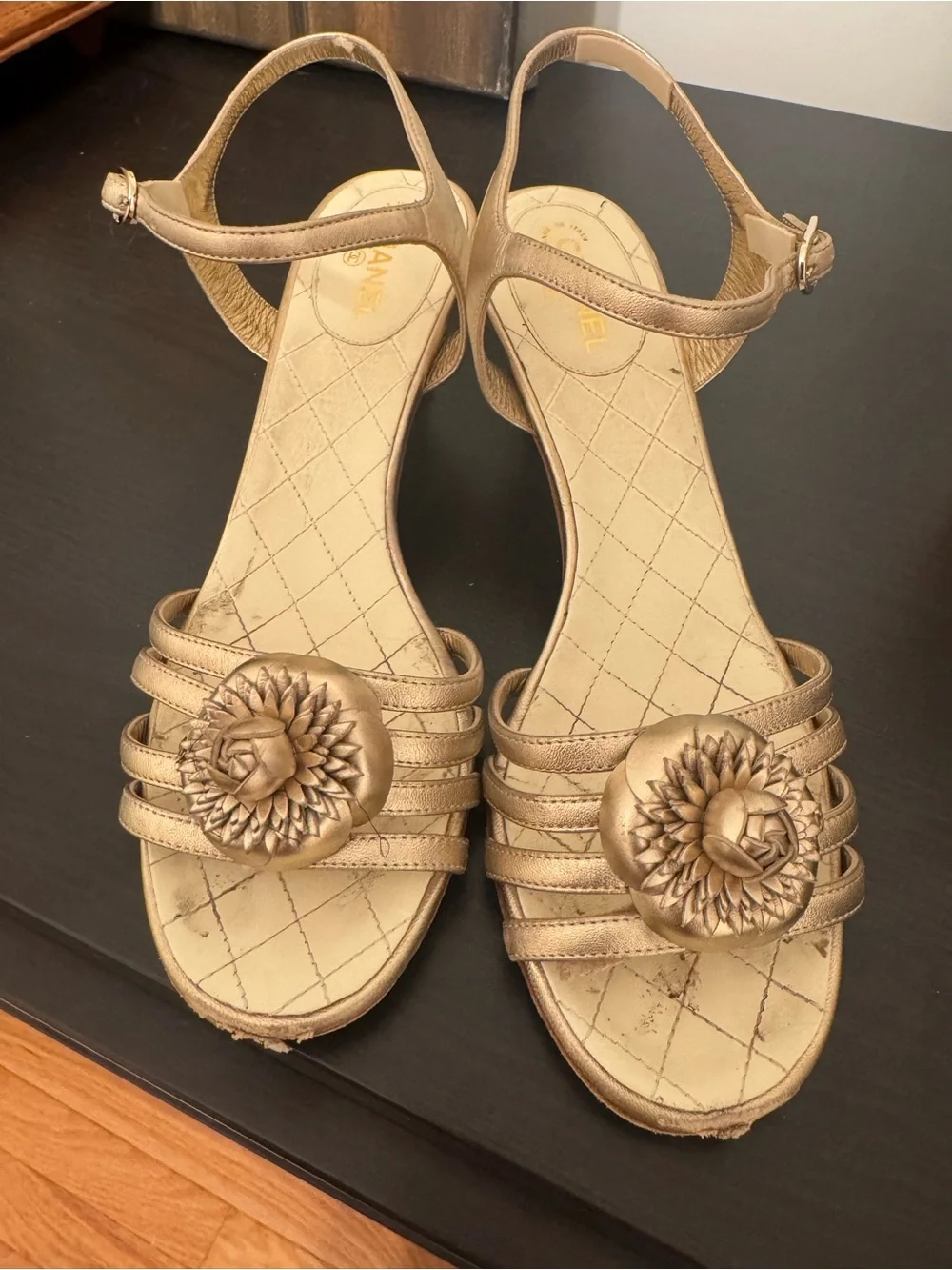 CHANEL metallic gold Camellia leather sandals with ankle - 39 Used